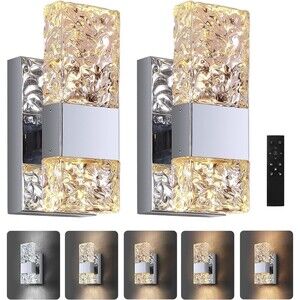 Set of 2 Modern Crystal Chrome Wall Sconces, Dimmable, Hardwired with Remote